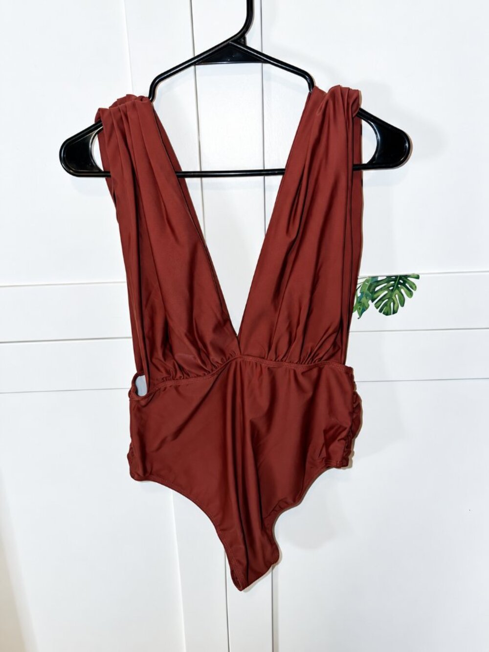 Rust Brown Plunge One-Piece Swimsuit | Size Medium
